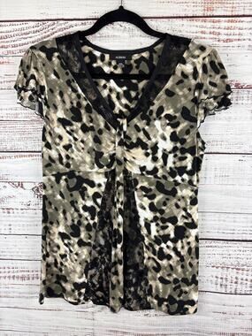 Y2K Alfani Black Tan Print V Neck Baby Doll Cap Sleeve Tunic Knit Top Womens S